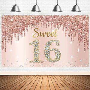 happy sweet 16th birthday banner backdrop decorations for girls, rose gold sweet 16 birthday party sign supplies, pink sweet sixteen birthday poster background photo booth props decor