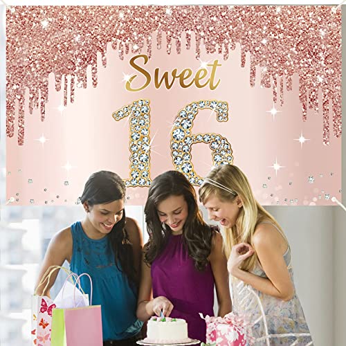 Happy Sweet 16th Birthday Banner Backdrop Decorations for Girls, Rose Gold Sweet 16 Birthday Party Sign Supplies, Pink Sweet Sixteen Birthday Poster Background Photo Booth Props Decor