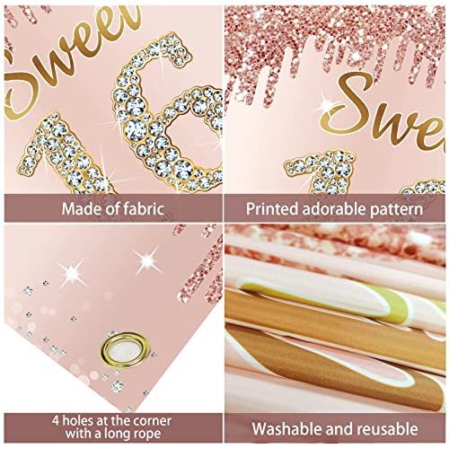 Happy Sweet 16th Birthday Banner Backdrop Decorations for Girls, Rose Gold Sweet 16 Birthday Party Sign Supplies, Pink Sweet Sixteen Birthday Poster Background Photo Booth Props Decor