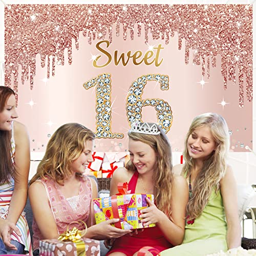 Happy Sweet 16th Birthday Banner Backdrop Decorations for Girls, Rose Gold Sweet 16 Birthday Party Sign Supplies, Pink Sweet Sixteen Birthday Poster Background Photo Booth Props Decor