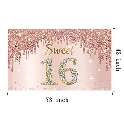 Happy Sweet 16th Birthday Banner Backdrop Decorations for Girls, Rose Gold Sweet 16 Birthday Party Sign Supplies, Pink Sweet Sixteen Birthday Poster Background Photo Booth Props Decor