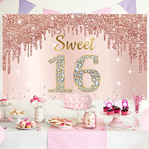 Happy Sweet 16th Birthday Banner Backdrop Decorations for Girls, Rose Gold Sweet 16 Birthday Party Sign Supplies, Pink Sweet Sixteen Birthday Poster Background Photo Booth Props Decor