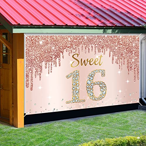 Happy Sweet 16th Birthday Banner Backdrop Decorations for Girls, Rose Gold Sweet 16 Birthday Party Sign Supplies, Pink Sweet Sixteen Birthday Poster Background Photo Booth Props Decor