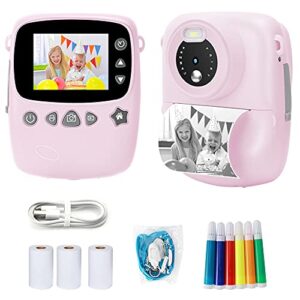 lincom tech instant print camera kids – kids digital print camera 18mp 1080p hd video recorder zero ink portable cameras creative print toddler camera toys gifts 3-12 years old boys and girls (pink)