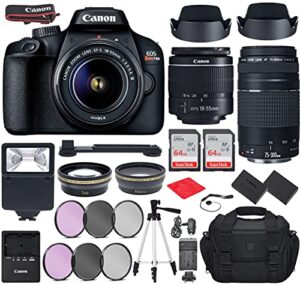 t100 dslr camera with ef-s 18-55mm f/3.5-5.6 iii, ef 75-300mm f/4-5.6 iii lense bundle, travel kit + accessories(gadget bag, extra battery, digital slave flash, 128gb memory and more)
