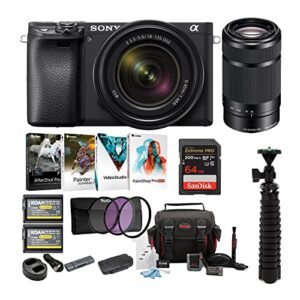 sony alpha a6400 digital camera with 18-135mm lens (black) bundle with filter kit, memory card, card reader, case, battery (2-pack) and dual charger, accessory kit, tripod, art suite (10 items)