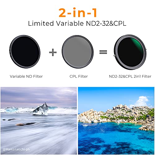 K&F Concept 72mm Variable Fader ND2-ND32 ND Filter and CPL Circular Polarizing Filter 2 in 1 for Camera Lens No X Spot Waterproof Scratch Resistant (Nano-X Series)