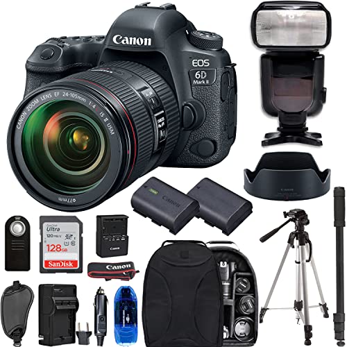 Camera Bundle for Canon EOS 6D Mark II DSLR Camera with EF 24-105mm f/4L is II USM Lens + Digital TTL Flash, Backpack, 128GB High Speed Memory Card, Extra Battery + Professional Bundle (Renewed)