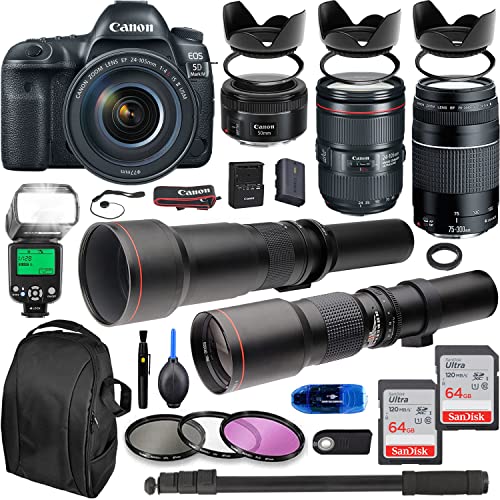 Camera Bundle for Canon EOS 5D Mark IV DSLR Camera w/ 24-105mm USM Lens + EF 75-300mm III Lens, 50mm f/1.8, 500mm Lens & 650-1300mm Lens, TTL Flash, 128GB Memory + Professional Bundle (Renewed)