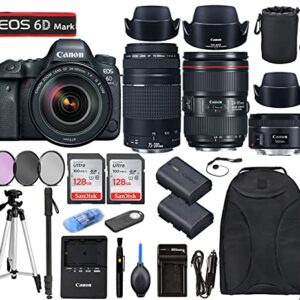 6D Mark II DSLR Camera with EF24-105mm f/4L II USM + EF 50mm f/1.8 STM + EF 75-300mm f/4-5.6 III Lenses Bundle, Accessories (256Gb Memory Card, Extra Battery, Travel Charger and More)