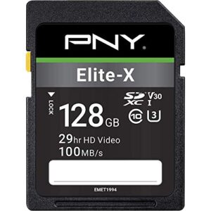 pny 128gb elite-x class 10 u3 v30 sdxc flash memory card – 100mb/s, class 10, u3, v30, 4k uhd, full hd, uhs-i, full size sd