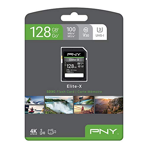 PNY 128GB Elite-X Class 10 U3 V30 SDXC Flash Memory Card - 100MB/s, Class 10, U3, V30, 4K UHD, Full HD, UHS-I, Full Size SD