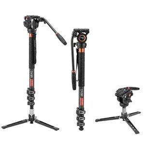 cayer cf34 carbon fiber camer monopod kit, 71 inch professional telescopic video monopods with video fluid head and folding support base for dslr video cameras camcorders, plus 1 extra sliding plate