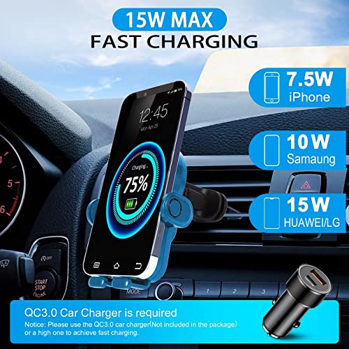 [Upgrade] Wireless Car Charger Mount,15W Qi Fast Charger, Wireless Car Charger Air Vent, Automatic Clamping Phone Holder for iPhone 13/12/11//XS/XR/8, Samsung S22/S21/S20/Note 20, etc (Blue)