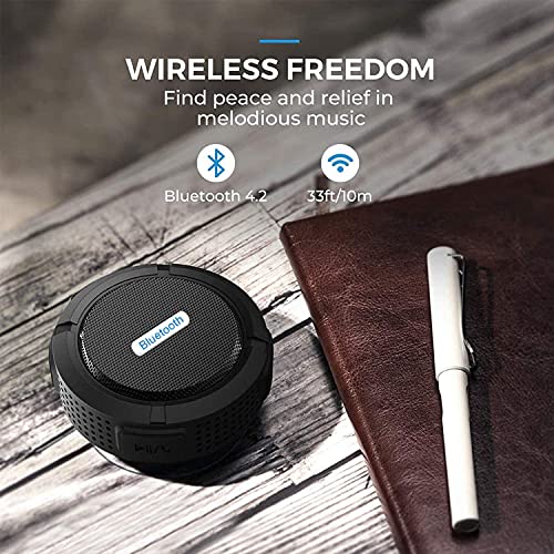 Bluetooth Speaker, IPX7 Waterproof Shower Bluetooth Speaker, Portable Wireless Outdoor Speaker with HD Sound, Support TF Card, Suction Cup for Home, Pool, Beach, Boating, Hiking 6H Playtime -Black