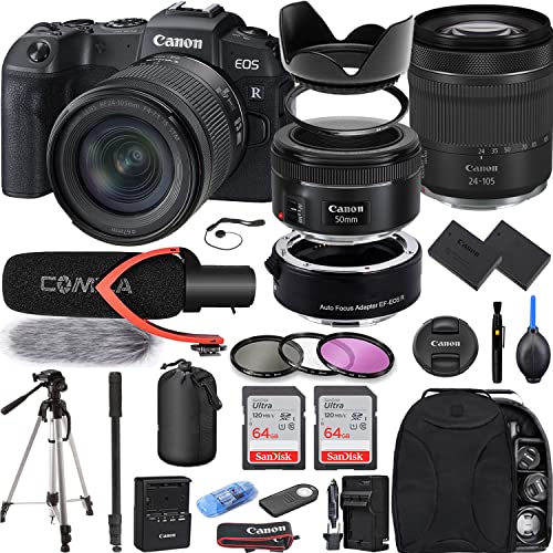 Camera Bundle for Canon EOS RP Mirrorless Camera with RF 24-105mm f/4-7.1 is STM, EF 50mm f/1.8 STM Lens + Mount Adapter EF-EOS R, Extra Battery, Pro Microphone + Accessories Kit (Renewed)