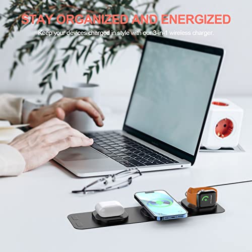 AmaBravo 3 in 1 Wireless Charger, Foldable Magnetic Travel Charger Station, Fast Wireless Charging Pad for iPhone14/13/12, AirPods, Apple Watch, Galaxy Multiple Device(Adapter NOT Included)