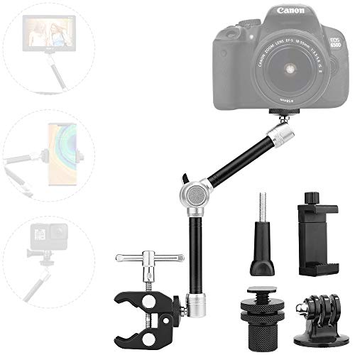 TOAZOE 11'' Articulating Friction Magic Arm Super Clamp Mount with Phone Holder GoPro Adapter, Adjustable Camera Mount Kit for DSLR Camera, LCD Monitor, Camcorder, Video Vlog Rig, Smartphone, GoPro