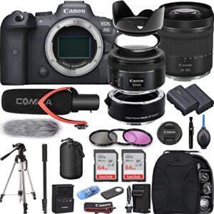 camera bundle for canon eos r6 mirrorless camera with rf 24-105mm f/4-7.1 is stm, ef 50mm f/1.8 stm lens + mount adapter ef-eos r, extra battery, pro microphone + accessories kit (renewed)