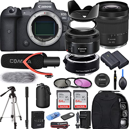 Camera Bundle for Canon EOS R6 Mirrorless Camera with RF 24-105mm f/4-7.1 is STM, EF 50mm f/1.8 STM Lens + Mount Adapter EF-EOS R, Extra Battery, Pro Microphone + Accessories Kit (Renewed)