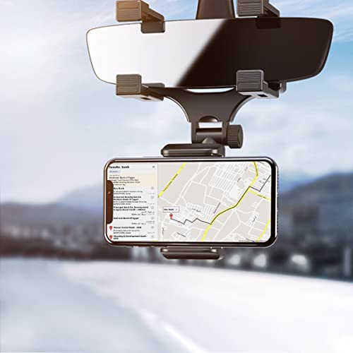 Car Rear View Mirror Phone Mount, Universal 360° Rotation Expandable Car Phone Holder Cradle for Most Mobile Phone Devices iPhone 13/13 Pro/12/11/XS/XR/8 Plus, Samsung Galaxy, GPS Google Map