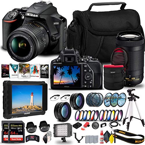 Nikon D3500 DSLR Camera with 18-55mm and 70-300mm Lenses (1588) + 4K Monitor + 2 x 64GB ExtremePro Card + 2 x EN-EL14a Battery + Corel Software + Tripod + Case + More - International Model (Renewed)