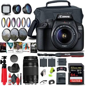 canon eos 4000d / rebel t100 dslr camera with 18-55mm lens, ef 75-300mm lens, 64gb memory card, color filter kit, case, photo software, 2 x lpe10 battery + more (renewed)