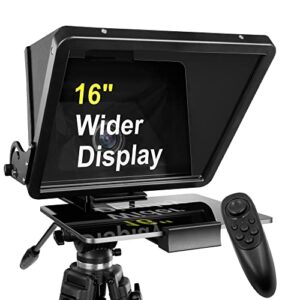 16 inch large teleprompter for all tablets (4-12.9 inch tablet), remote control and teleprompter app, 70/30 beam splitter glass, aluminum body and a packbag, angle adjustment, make short videos/speech