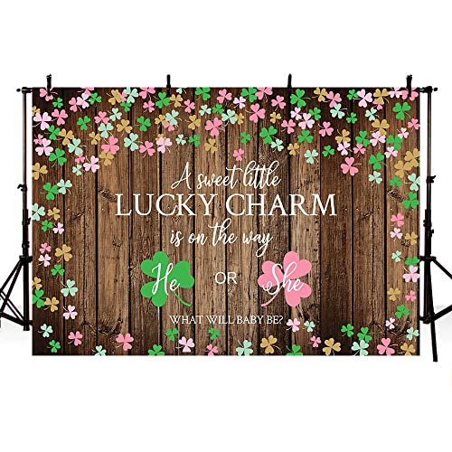 MEHOFOND Lucky Charm Gender Reveal Backdrop St. Patrick's Day Baby Shower Party Decor Banner Supplies Pink or Green Shamrock Clover Background Cake Table Studio Photo Prop Vinyl 7x5ft