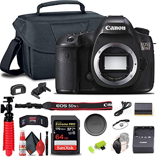 Canon EOS 5DS DSLR Camera (Body Only) (0581C002), 64GB Memory Card, Case, Card Reader, Flex Tripod, Hand Strap, Cap Keeper, Memory Wallet, Cleaning Kit (Renewed)