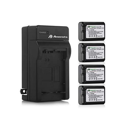 Powerextra Battery (4-Pack) and Charger for Sony NP-FW50 and Sony ZV-E10, Alpha a6500, Alpha a6300, Alpha a6000, Alpha a7 II, Alpha a7R II, Alpha a7S II, Alpha a5000, Alpha a5100 Digital Camera