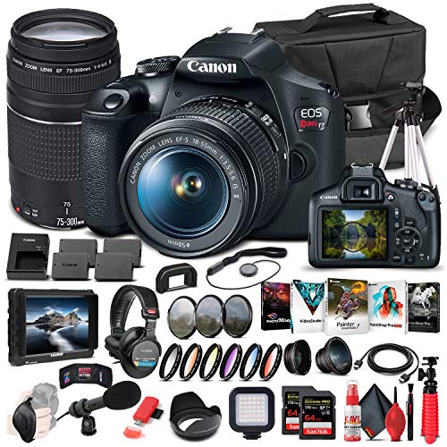 Canon EOS Rebel T7 DSLR Camera with 18-55mm and 75-300mm Lenses (2727C021), 4K Monitor, Pro Headphones, Pro Mic, 2 x 64GB Memory Card, Corel Photo Software, Pro Tripod + More (Renewed)