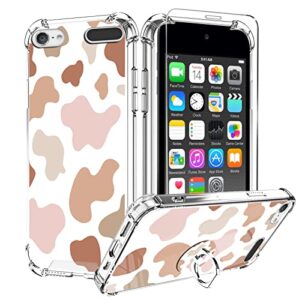kanghar ipod touch 7/6/5 case, cute cow print with screen protector,kickstand ring holder soft tpu bumper shockproof cover for ipod touch 5th/6th/7th generation-pink brown