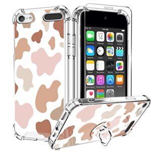 KANGHAR iPod Touch 7/6/5 Case, Cute Cow Print with Screen Protector,Kickstand Ring Holder Soft TPU Bumper Shockproof Cover for iPod Touch 5th/6th/7th Generation-Pink Brown