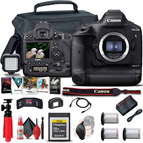 Canon EOS-1D X Mark III DSLR Camera (Body Only) (3829C002), 128GB CFexpress Card, 2 x LP-E19 Battery, Case, Corel Photo Software, LED Light, Flex Tripod, Hand Strap, Memory Wallet + More (Renewed)