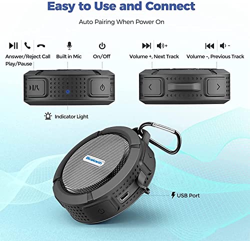 Mini Shower Speakers, IP65 Waterproof Bluetooth Portable Speakers and True Wireless Stereo and Dsp Technology, 6 Hours Playback and Microsd Card, Internal Microphone, Suction Cup, for Pool, Beach