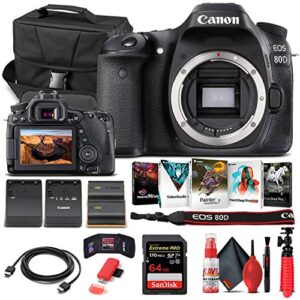 canon eos 80d dslr camera (body only) (1263c004), 64gb memory card, case, corel photo software, lpe6 battery, external charger, card reader, hdmi cable, cleaning set + more (renewed)