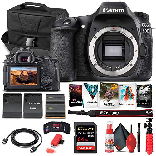 Canon EOS 80D DSLR Camera (Body Only) (1263C004), 64GB Memory Card, Case, Corel Photo Software, LPE6 Battery, External Charger, Card Reader, HDMI Cable, Cleaning Set + More (Renewed)