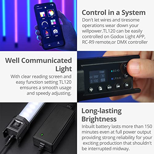 Godox TL120 Full-Color RGB Tube Light, CRI 96 TLCI 98, Color Temper 2700K~6500K, 0-100% Dimmable, 39 FX Effects, 2600mAh Built-in Lithium Battery, Smartphone APP, DMX Control (1PCS)