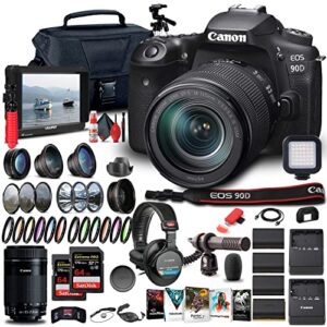 canon eos 90d dslr camera with 18-135mm lens (3616c016), ef-s 55-250mm lens, 4k monitor, pro headphones, pro mic, 2 x 64gb cards, case, corel photo software, pro tripod + more (renewed)