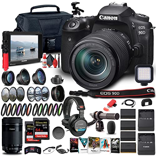 Canon EOS 90D DSLR Camera with 18-135mm Lens (3616C016), EF-S 55-250mm Lens, 4K Monitor, Pro Headphones, Pro Mic, 2 x 64GB Cards, Case, Corel Photo Software, Pro Tripod + More (Renewed)