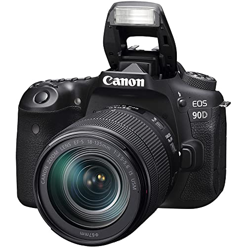 Canon EOS 90D DSLR Camera with 18-135mm Lens (3616C016), EF-S 55-250mm Lens, 4K Monitor, Pro Headphones, Pro Mic, 2 x 64GB Cards, Case, Corel Photo Software, Pro Tripod + More (Renewed)