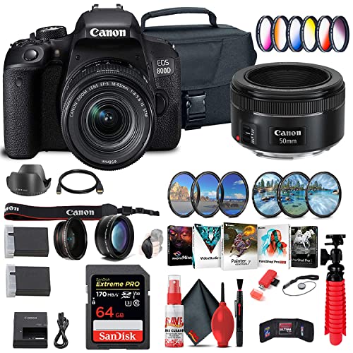 Canon EOS Rebel 800D / T7i DSLR Camera with 18-55 4-5.6 is STM Lens, Canon EF 50mm Lens, 64GB Card, Color Filter Kit, Case, Corel Photo Software, LPE17 Battery + More (Renewed)