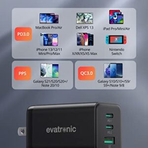 USB C Charger, Evatronic 65W 3-Port GaN Wall Charger PPS PD3.0 QC3.0 Fast Charging Adapter with 2 USB-C Ports + 1 USB-A Port Foldable Plug for MacBook Pro Air iPad Pro Air iPhone 14 13 12 Pro Max Mini