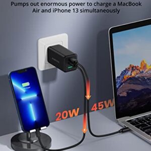 USB C Charger, Evatronic 65W 3-Port GaN Wall Charger PPS PD3.0 QC3.0 Fast Charging Adapter with 2 USB-C Ports + 1 USB-A Port Foldable Plug for MacBook Pro Air iPad Pro Air iPhone 14 13 12 Pro Max Mini