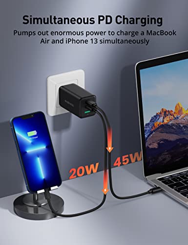 USB C Charger, Evatronic 65W 3-Port GaN Wall Charger PPS PD3.0 QC3.0 Fast Charging Adapter with 2 USB-C Ports + 1 USB-A Port Foldable Plug for MacBook Pro Air iPad Pro Air iPhone 14 13 12 Pro Max Mini