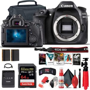 canon eos 80d dslr camera (body only) (1263c004), 64gb card, case, corel photo software, lpe6 battery, card reader, flex tripod, hdmi cable, hand strap + more (renewed)