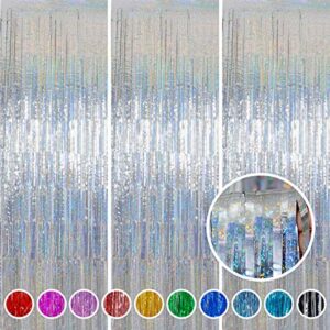 foil fringe curtains party decorations – melsan 3 pack 3.2 x 8.2 ft tinsel curtain party photo backdrop for birthday party baby shower or graduation decorations silver