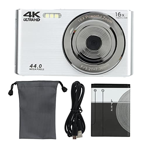 4K HD Camera, 16x Digital Zoom, Plastic Body, Builtin Fill Light, 44 MP for Recording (Silver)