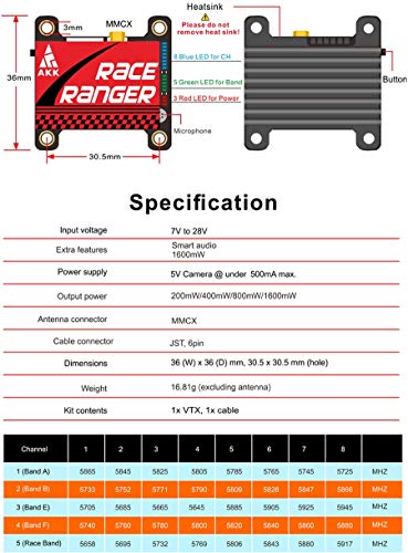 AKK A1819(US Version) 5.8G Long Range VTX FPV Transmitter 200mW/400mW/800mW/1000mW Switchable VTX Support Smart Audio